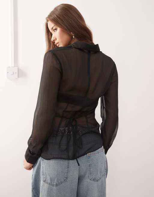 Camisa negra ajustada y transparente con corbata de Monki, 3 de 4