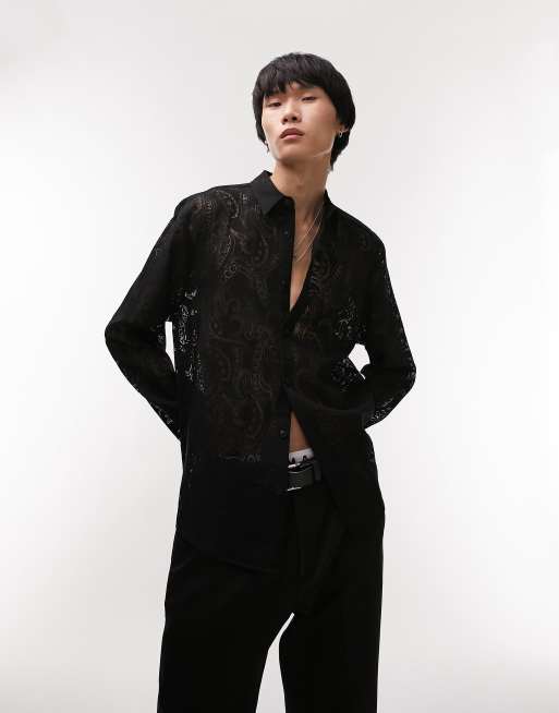 Camisa negra con diseño de cachemir de tejido transparente de Topman