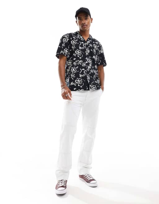 Camisa negra con estampado y cuello de solapas de mezcla de lino de Selected  , 3 de 4
