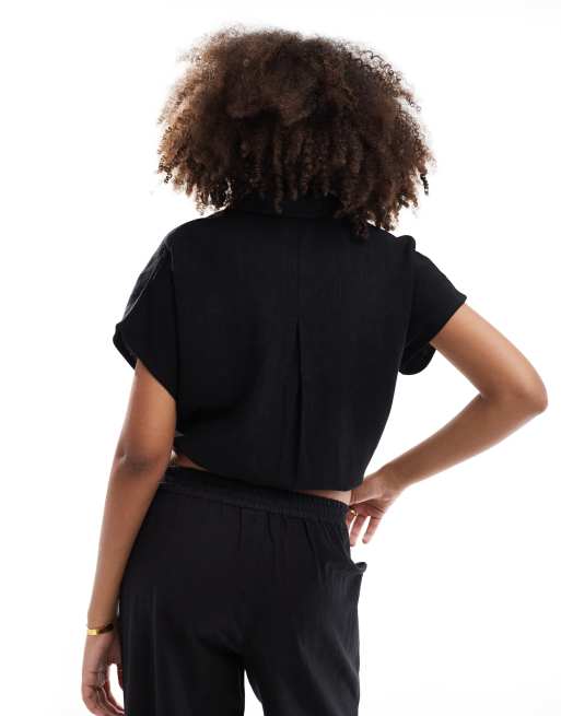 Camisa negra con lazada en la cintura y tacto efecto lino de PIECES (parte de un conjunto), 4 de 4