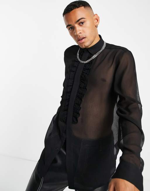 Camisa negra con volantes en la parte delantera de tejido transparente de ASOS DESIGN