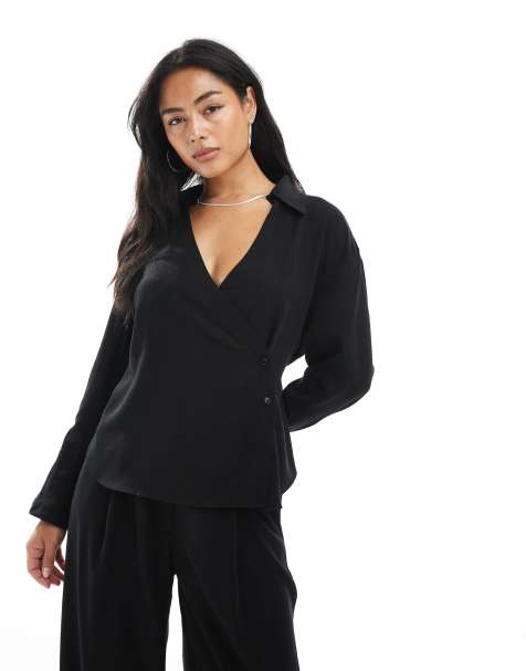 Camisa negra cruzada con detalle de lazada de lyocell de ASOS DESIGN (parte de un conjunto) - view 1