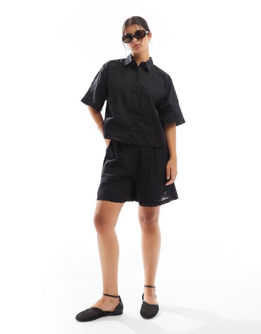 Camisa negra de corte cuadrado con diseño calado premium de ASOS DESIGN (parte de un conjunto)