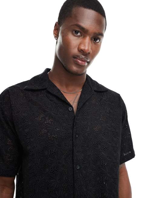 Camisa negra de corte cuadrado de encaje de Jack & Jones