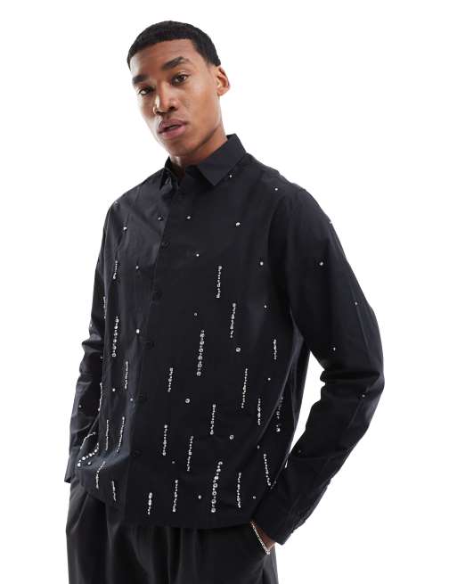 Camisa negra de corte cuadrado de popelina con abalorios de ASOS DESIGN