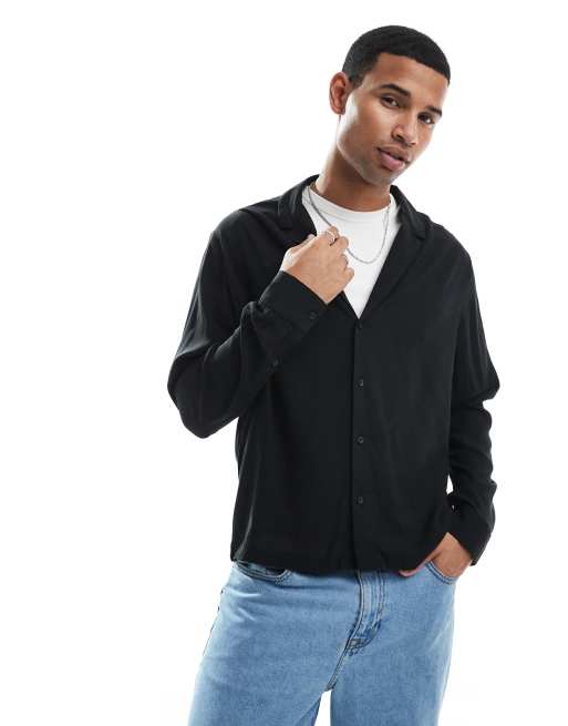 Camisa negra de corte cuadrado estándar con cuello escotado con solapas de viscosa de ASOS DESIGN