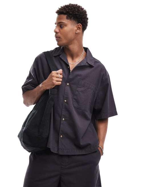 Camisa negra de corte cuadrado extragrande con cuello de solapas de tejido efecto lino de ASOS DESIGN 