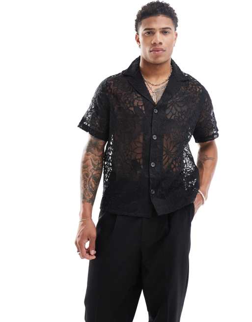 Camisa negra de corte cuadrado holgado con cuello de solapas marcadas y diseño bordado de ASOS DESIGN 