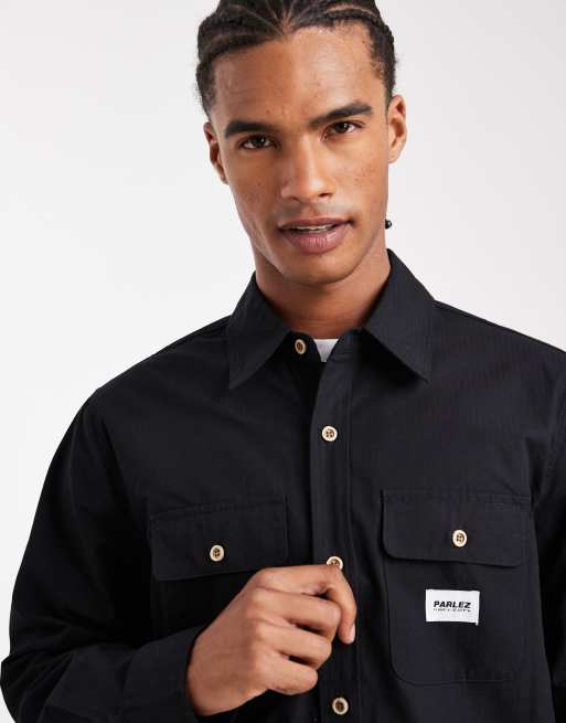 Camisa negra de corte cuadrado holgado y manga larga con logo de Parlez, 5 de 5