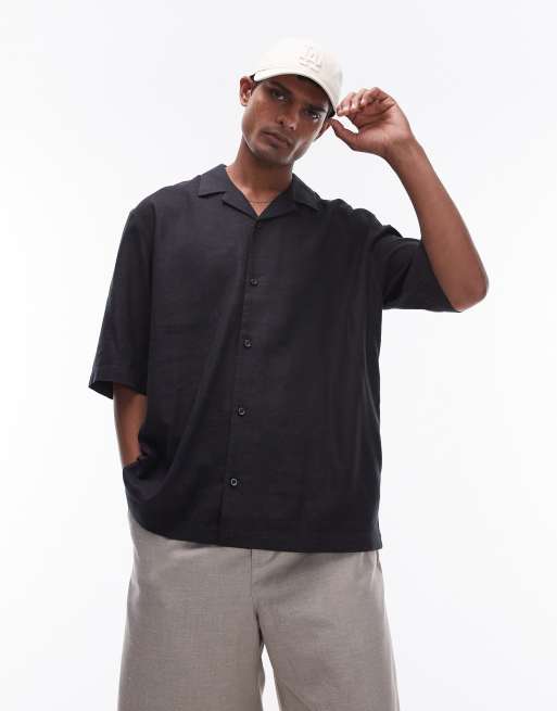 Camisa negra de corte cuadrado y manga corta de mezcla de lino de Topman