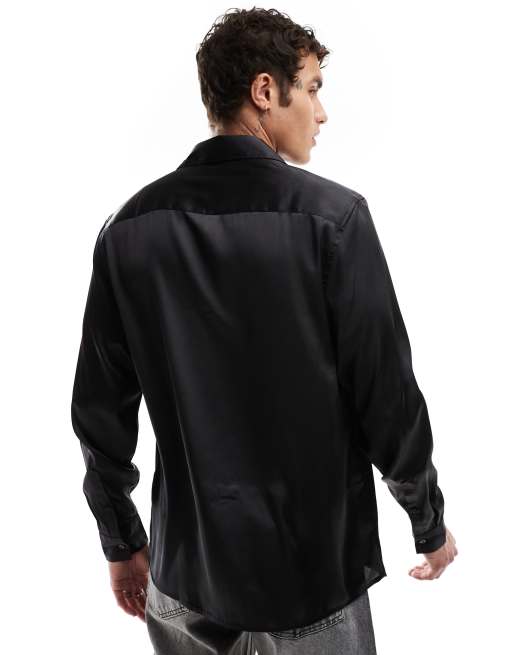 Camisa negra de corte estándar con solapas de estilo años 70 de satén de ASOS DESIGN, 2 de 4