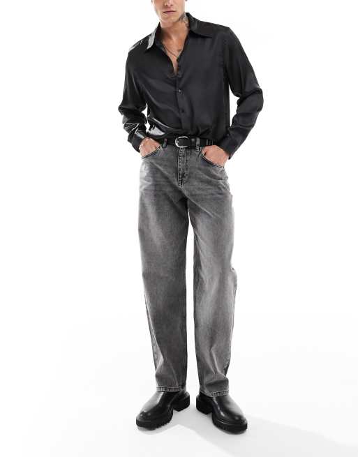 Camisa negra de corte estándar con solapas de estilo años 70 de satén de ASOS DESIGN, 3 de 4