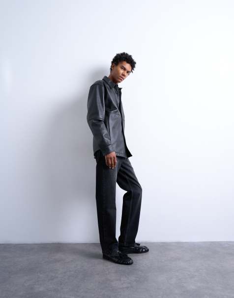 Camisa negra de corte estándar de cuero auténtico de Topman - view 1