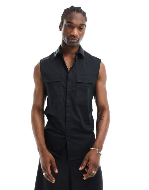 Camisa negra de corte estándar sin mangas con bolsillos de popelina de ASOS DESIGN