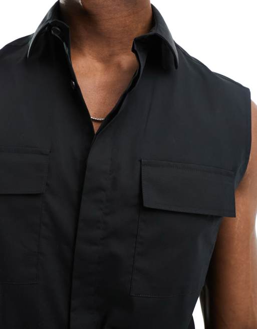 Camisa negra de corte estándar sin mangas con bolsillos de popelina de ASOS DESIGN, 2 de 4
