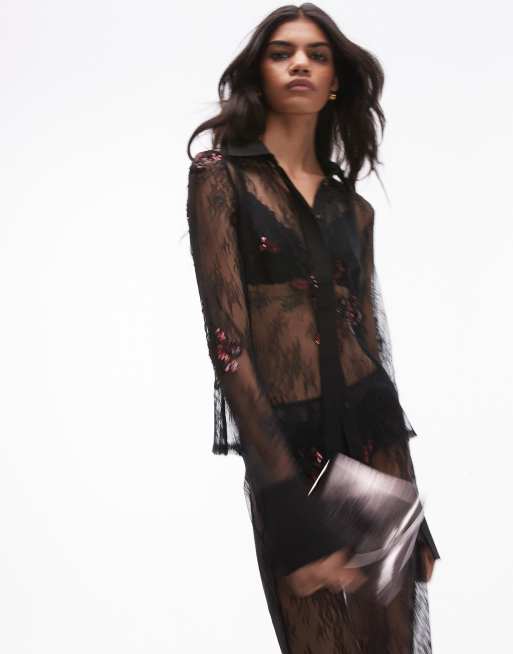 Camisa negra de corte slim de encaje con abalorios y lentejuelas burdeos de Topshop (parte de un conjunto)