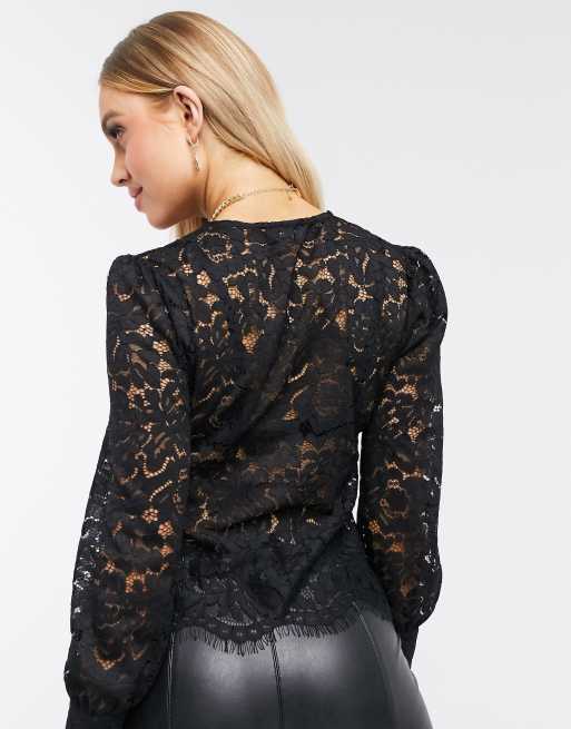 exprimir paracaídas Empotrar Camisa negra de encaje con diseño abotonado de Femme Luxe | ASOS