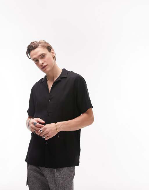Camisa negra de manga corta con cuello de solapas de viscosa de Topman, 4 de 4