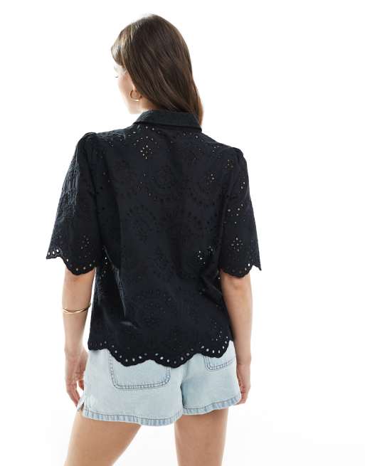 Camisa negra de manga corta de pointelle de ONLY, 4 de 4