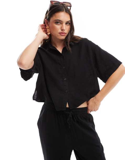 Camisa negra de manga corta y corte cuadrado de mezcla de lino Mix & Match de Vero Moda - view 1