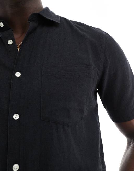 Camisa negra de manga corta y corte estándar de mezcla de lino de ONLY & SONS, 4 de 4