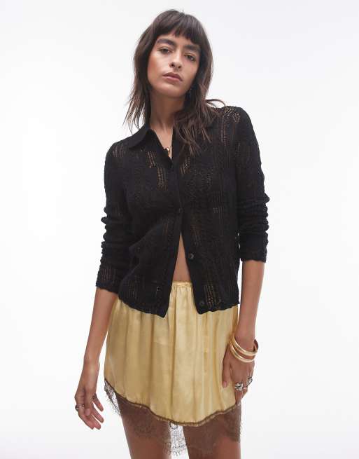 Camisa negra de manga larga con patrón calado de punto de Topshop
