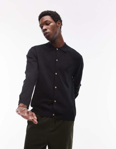 Camisa negra de manga larga con patrón de croché de Topman - view 1
