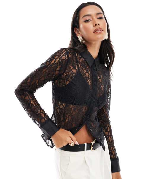Camisa negra entallada de encaje transparente de ASOS DESIGN - view 1
