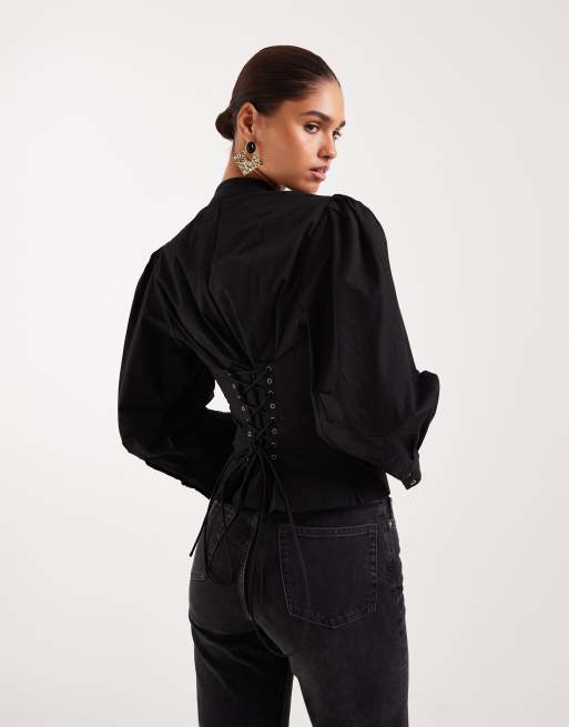 Camisa negra estilo corsé con mangas globo y cordones Maud de AllSaints, 2 de 4