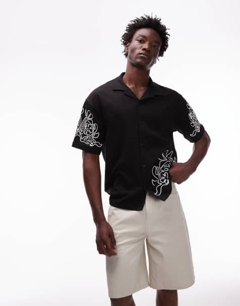 Camisa negra extragrande abotonada con bordado de hilo de punto liso premium de Topman - view 1