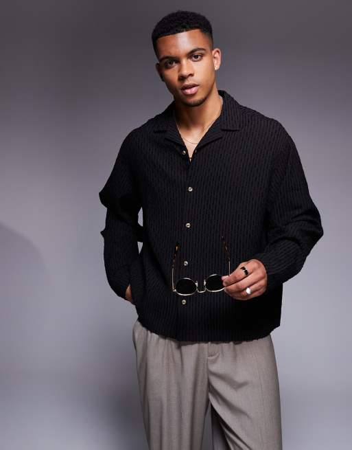 Camisa negra extragrande con cuello de solapas y patrón de jacquard de ASOS DESIGN