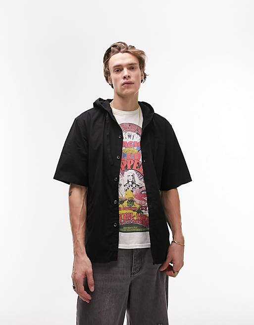 Hombre Other | Camisa negra extragrande de manga corta con capucha de Topman - XE10245