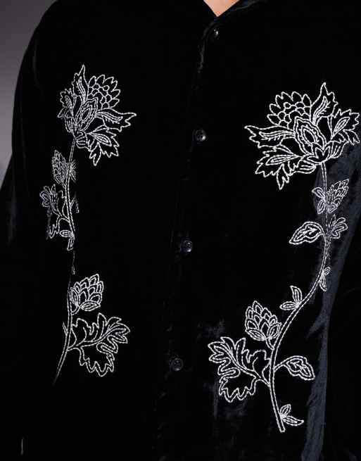 Camisa negra holgada con bordado floral de terciopelo de ASOS DESIGN, 5 de 5