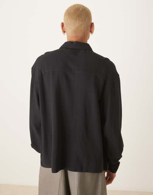 Camisa negra sin cierres de corte cuadrado extragrande de mezcla de lino de ASOS DESIGN, 3 de 4