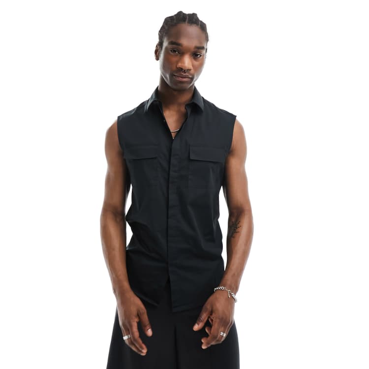 Camisa negra sin mangas con bolsillos de popelina de ASOS DESIGN