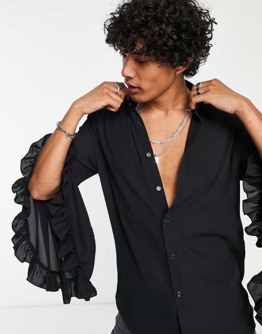 Camisa negra transparente con mangas acampanadas extragrandes con volantes de ASOS DESIGN, 4 de 4