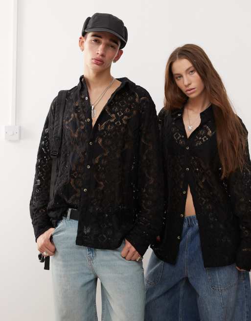 Camisa negra unisex de manga larga de encaje de Reclaimed Vintage