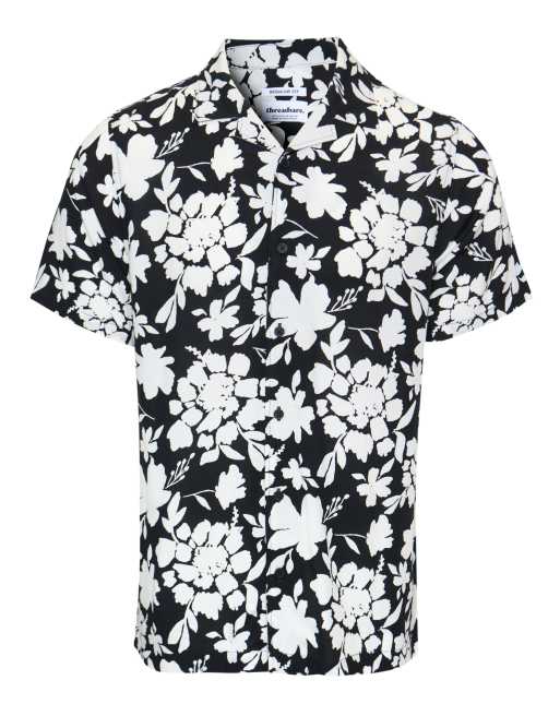 Camisa negra y blanca de manga corta con estampado floral de Threadbare, 5 de 5
