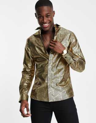 Camisa negra y dorada con estampado metalizado geométrico Sylvan de Twisted Tailor