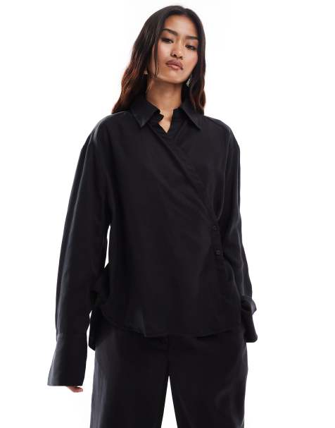 Camisa negro lavado cruzada con detalle de lazada de ASOS DESIGN (parte de un conjunto) - view 1