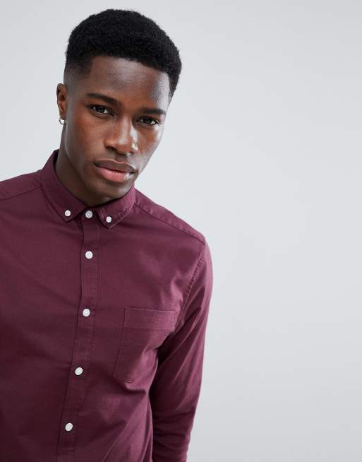 Camisa Oxford ajustada de estilo casual en burdeos de ASOS DESIGN