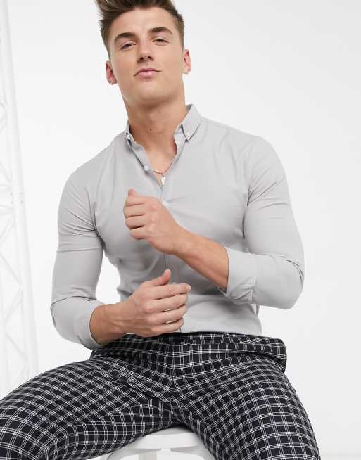 Camisa Oxford ajustada de manga larga en gris de New Look