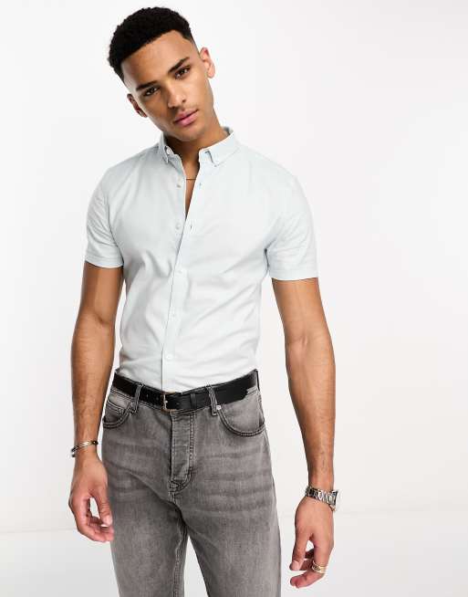 Camisa Oxford azul claro entallada de manga corta de New Look