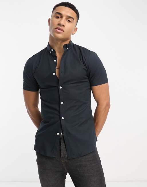 Camisa Oxford azul marino entallada de manga corta de New Look