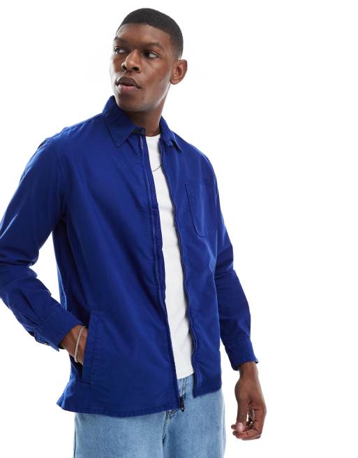 Camisa Oxford azul oscuro con cremallera delantera, bolsillo y