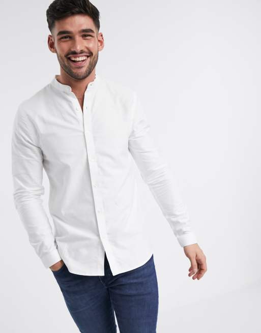 Camisa Oxford blanca con manga larga y cuello mao de New Look