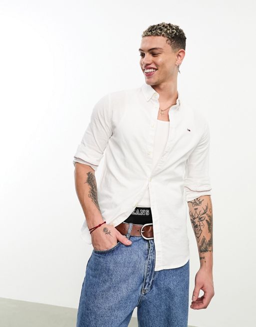Camisa Oxford blanca de corte slim de tommy logo Jeans