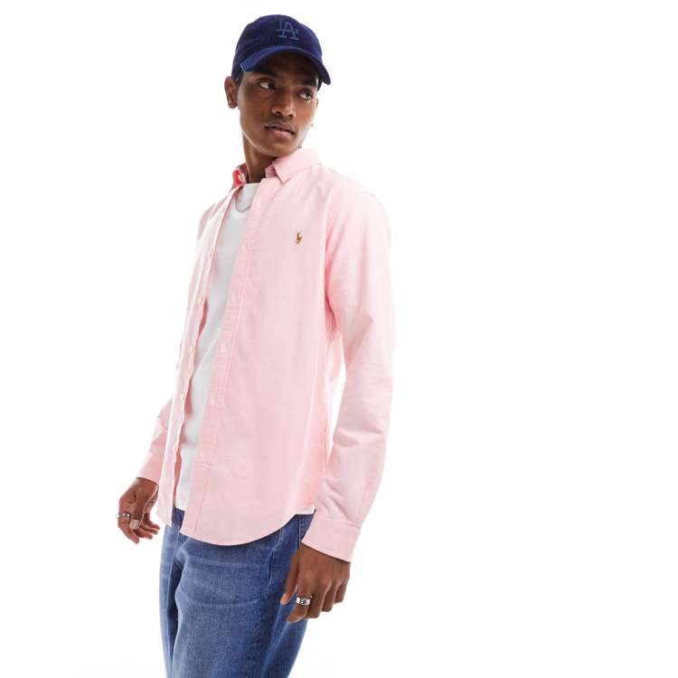 ClassicfuncenterShops Striped Polo in organic cotton Camisa Oxford de corte slim rosa con botones y logo de jugador de polo de Polo Ralph Lauren