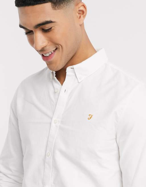 Camisa Blanca Hombre Farah Camisa Oxford De Algodón Ajustada Brewer, Blanco, XX-Small Para Hombre Camisas Blancas Hombre