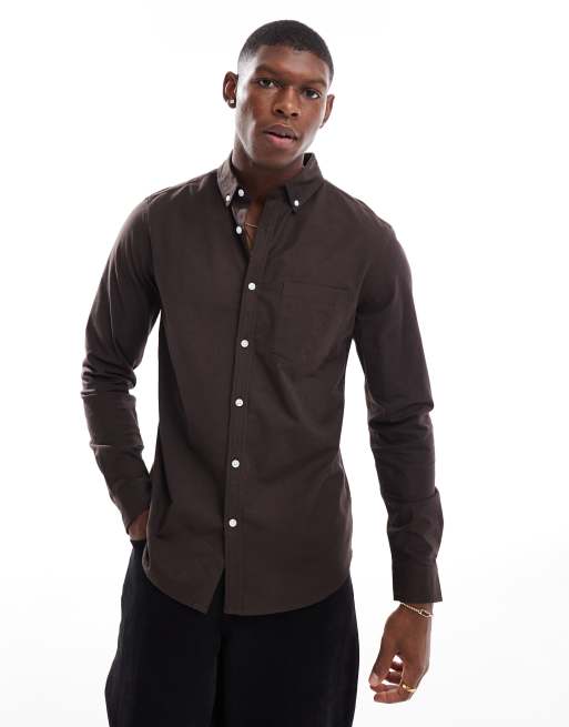 Camisa Oxford marrón elástica de corte slim de ASOS DESIGN